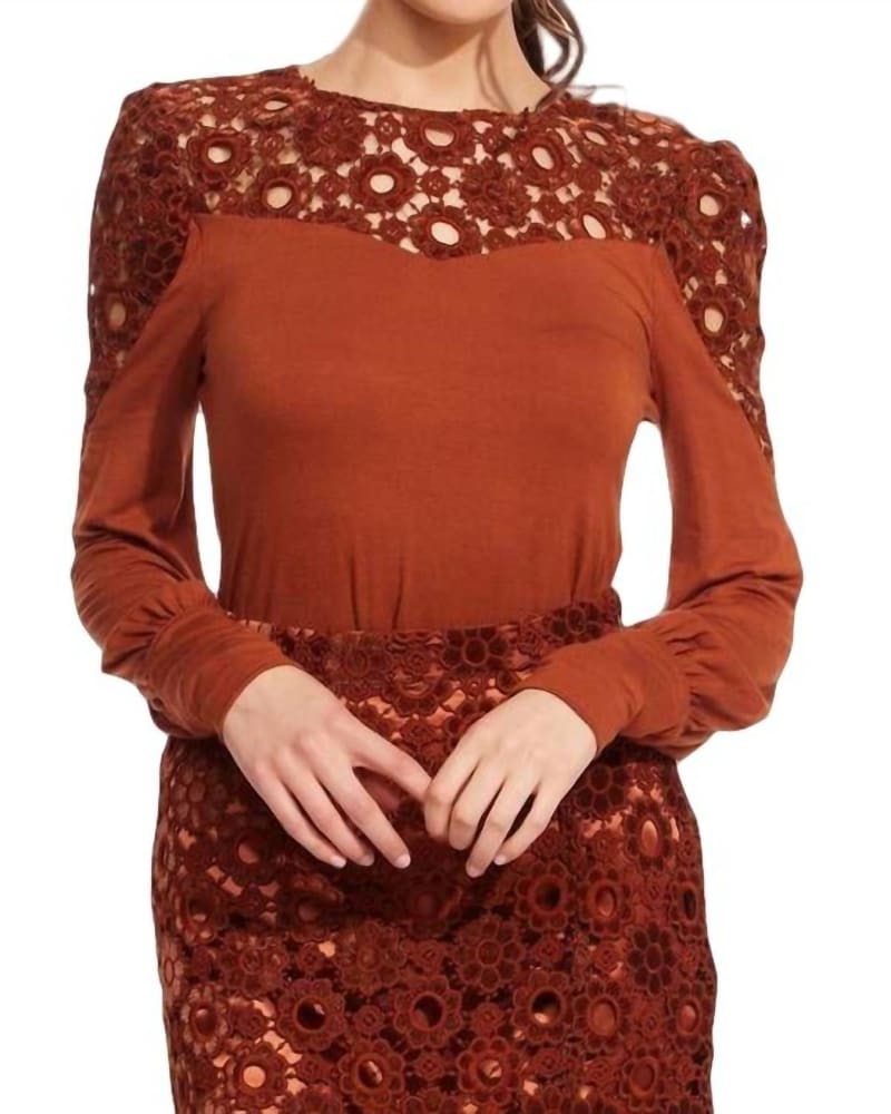 Front of a model wearing a size XL Cuvee Blouse in Sumatra Lace in Sumatra Lace by EVA FRANCO. | dia_product_style_image_id:333943